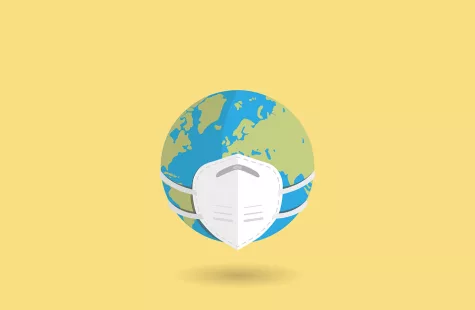 Grafik von einer Weltkugel vor gelben Hintergrund, die eine Maske trägt
