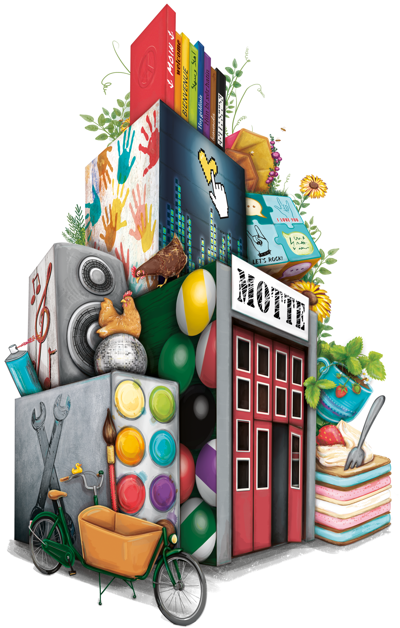 Illustration für das MOTTE-Jubiläum, bestehend aus diversen Objekten und Symbolen, die mit der MOTTE verbunden werden. Zum Beispiel Hühner, Werkzeuge, Gebärdensprache, Blumen und Bücher.
