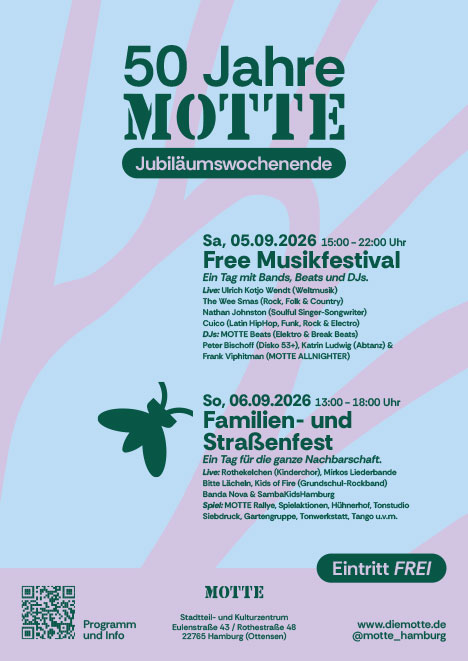 Plakatmotiv 50 Jahre MOTTE Jubiläumsowchenende Hellblauer Hintergrund mit rosa Muster. Logo und Line-Up